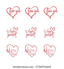Love You Typography Heart Vector Set, Romantic Lettering Icons, Valentine Love Illustration
