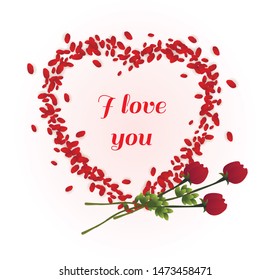 I Love You Typography inside of Petals Heart Frame with Bouquet of Red Rose Flowers Isolated on White Background. Happy Valentines Day Greeting Card, Realistic 3d Vector Illustration, Banner, Icon