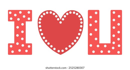 TE QUIERO. Icono de corazón rojo de San Valentín. Símbolo de signo de amor. patrón de lunares. Feliz día de San Valentín. Forma simple. Tarjeta de felicitación, Plantilla de Anuncio. Lindo objeto gráfico. Diseño plano. Vector de fondo blanco