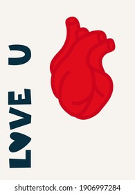 Love you. Valentines day card with realistic heart and lettering "love you". Handwritten text. Vector illustration