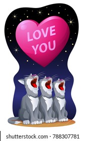 Love you. Valentines day card with a big heart and meowing cats on the roof. Cartoon styled vector illustration. Elements is grouped and divided into layers.