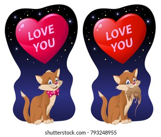 Love you. Valentines day card with a big heart and funny cat. Cartoon styled vector illustration. Elements is grouped and divided into layers. No transparent objects. 