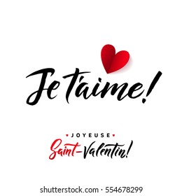 I Love You. Valentines Day French Black and Red Lettering Greeting Card White Background. Hand Drawn Calligraphy. Lovely Poster.