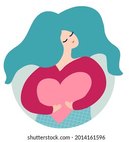 I love you. Valentine's Day greeting card. Pregnancy woman vector illustration. Beautiful hair. Girl holding pink, red heart. Mom care. Motherhood. Birth. Self love. Happy mum. Maternity. Young mother