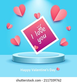 I love you! Valentine's day greeting card, banner, poster. Photo frame. 3d realistic podium, retail display, stage. Flying pink, rose hearts on blue spring background. Valentines day congratulations