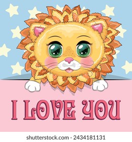 Love you valentine's day greeting card with animal. Cute hero with beautiful eyes, expressive.