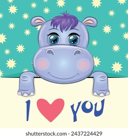 Love you valentine's day greeting card with animal. Cute hero with beautiful eyes, expressive.