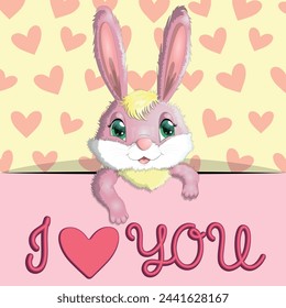 Love you valentine's day greeting card with animal. Cute hero with beautiful eyes, expressive.