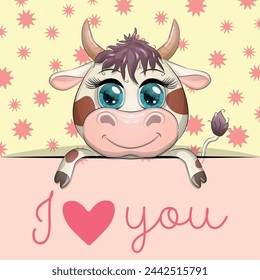 Love you valentine's day greeting card with animal. Cute hero with beautiful eyes, expressive.