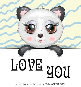 Love you valentine's day greeting card with animal. Cute hero with beautiful eyes, expressive.