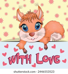 Love you valentine's day greeting card with animal. Cute hero with beautiful eyes, expressive.