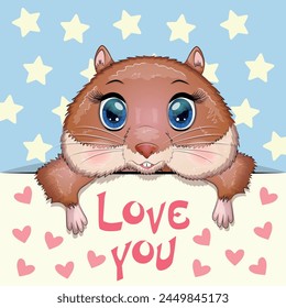 Love you valentine's day greeting card with animal. Cute hero with beautiful eyes, expressive.