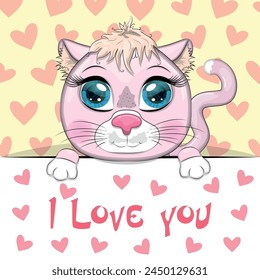 Love you valentine's day greeting card with animal. Cute hero with beautiful eyes, expressive.