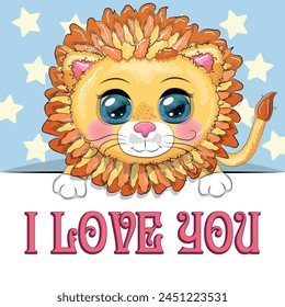 Love you valentine's day greeting card with animal. Cute hero with beautiful eyes, expressive.