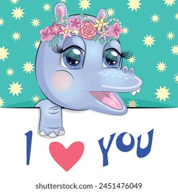 Love you valentine's day greeting card with animal. Cute hero with beautiful eyes, expressive.