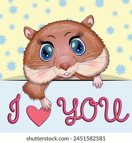 Love you valentine's day greeting card with animal. Cute hero with beautiful eyes, expressive.