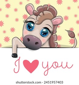 Love you valentine's day greeting card with animal. Cute hero with beautiful eyes, expressive.