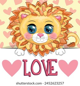 Love you valentine's day greeting card with animal. Cute hero with beautiful eyes, expressive.