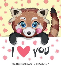 Love you valentine's day greeting card with animal. Cute hero with beautiful eyes, expressive.