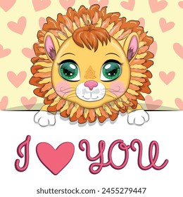 Love you valentine's day greeting card with animal. Cute hero with beautiful eyes, expressive.