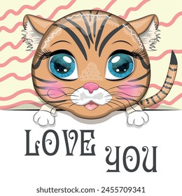 Love you valentine's day greeting card with animal. Cute hero with beautiful eyes, expressive.