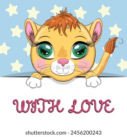 Love you valentine's day greeting card with animal. Cute hero with beautiful eyes, expressive.