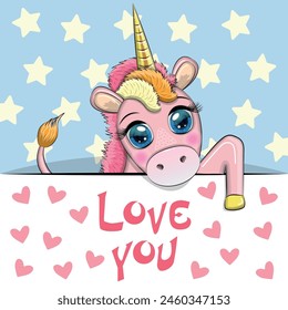 Love you valentine's day greeting card with animal. Cute hero with beautiful eyes, expressive.