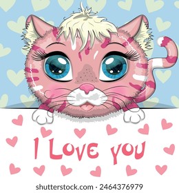 Love you valentine's day greeting card with animal. Cute hero with beautiful eyes, expressive.