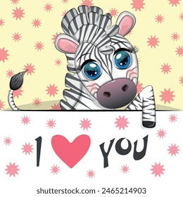 Love you valentine's day greeting card with animal. Cute hero with beautiful eyes, expressive.