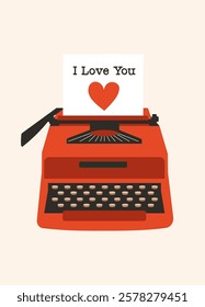 I Love You Valentine's Day greeting card. Red retro typewriter with a sheet of paper and an inscription on a light background. Valentine's day, February 14, love concept. Vector drawings for postcard.