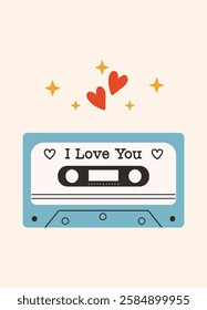 I Love You Valentine's Day greeting card. 90's tape recorder cassette with red hearts on a light background. Valentine's day, February 14, love concept. Vector drawings for postcard, card.