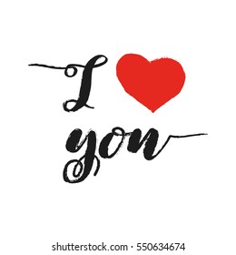 I love you. Valentines day greeting card with calligraphy and heart. Hand drawn design elements. Stylish brush lettering .