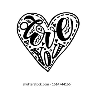 Love you - Valentines Day - You my heart - cute hand drawn doodle lettering postcard banner art