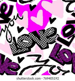 Love you Valentine's day print, seamless hand craft expressive ink typography pattern.Hipster funky painted style texture,poster with different doodle letters for textiles or t-shirt  design sample.