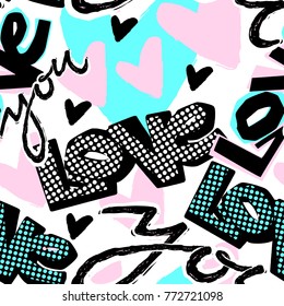 Love you Valentine's day print, seamless hand craft expressive ink typography pattern.Hipster funky painted style texture,poster with different doodle letters for textiles or t-shirt  design sample.