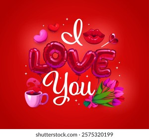 I love you valentines day quote. Cartoon vector romantic phrase in balloon letters, surrounded by hearts, lips, cup of coffee, bouquet of tulips and lollipop on vibrant red background, exudes passion