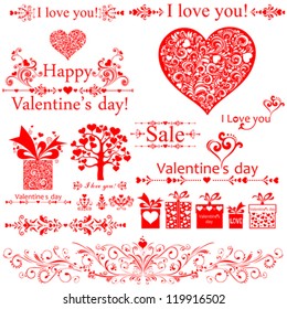 I love you! Valentine's Day. Set of Valentine's calligraphic headlines with hearts. Collection of design elements vintage set isolated on White background. Vector illustration