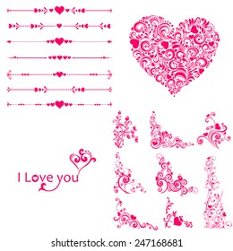 I love you! Valentine's Day. Set of Valentine's calligraphic headlines with hearts. Collection of design elements vintage set isolated on White background. Vector illustration