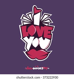 I love you Valentine's greeting card with pink lips on violet background 