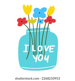 I love you. Vase with flowers. Hand drawn vector illustration on white background.