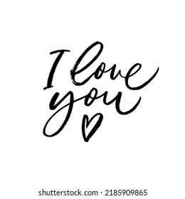 I love you vector calligraphy with heart symbol. Phrase for Valentine's day. I love you handwritten lettering. Modern black brush calligraphy. Romantic quote for greeting cards, holiday invitations