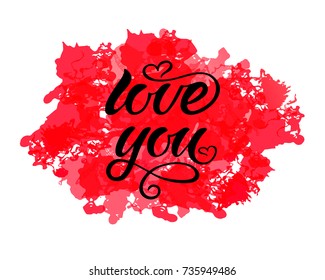 Love You vector calligraphy phrase on red background. Love You vector illustration for postcard on Valentine Day. Love You calligraphy logo. EPS 10.