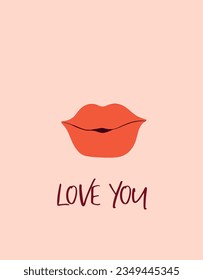 Love you vector card. Red lipstick kiss illustration. Printable colorful banner, greeting card, poster, invitation
