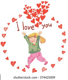 I love you. Vector, cartoon, colorful illustration. Little cute girl and boy give hearts to each other. Decorative card for Mother's Day, Valentine's Day or a birthday.