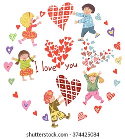 I love you. Vector, cartoon, colorful illustrations. Little cute girls and boys. They give each other hearts. Decorative greeting card for Mother's Day, Valentine's Day, birthday. svg