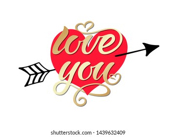 Love You vector hand draw lettering with hart. Love You vector illustration for postcard, greeting card and banner. Love You lettering golden logo.