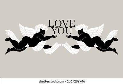 Love you. Vector hand drawn illustration of cupids with wings. Creative tattoo artwork. Template for card, poster, banner, print for t-shirt, pin, badge, patch.