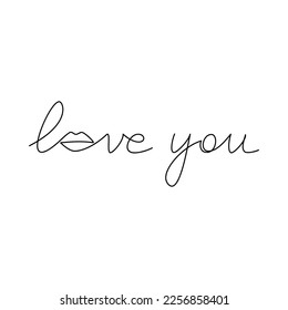 Love You vector hand writing with line continuous female lips drawing . Slogan, quote, text, lettering, Calligraphic design for print, banner, poster, Valentine’s Day card, postcard, brochure.