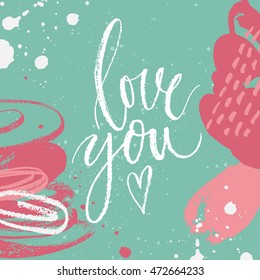 I love you. Vector hand written brush pen calligraphy phrase or quote. Cute isolated letters on an abstract background.