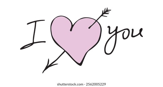 I love you. Vector handwritten lettering with pink heart. Phrase, element of design, caption for greeting cards, Valentine's day, declaration of feelings